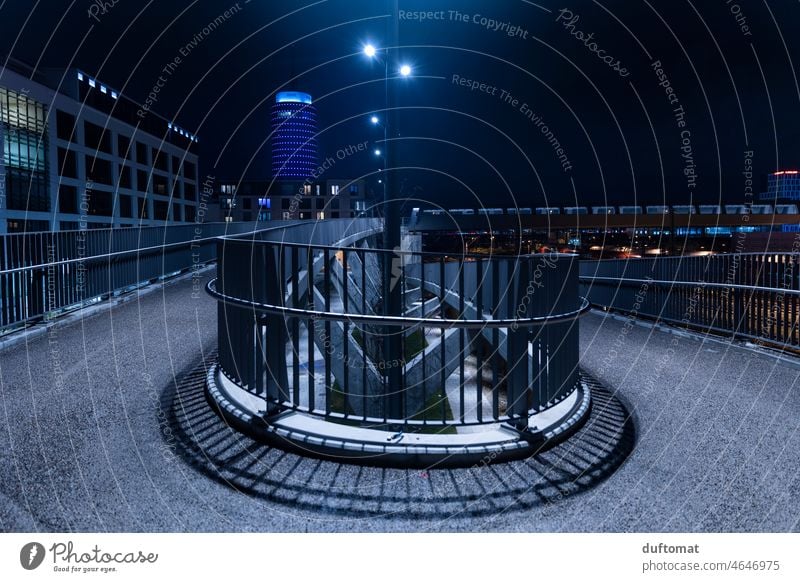 Ramp at night barrier free stairway barrier-free Curve Blue Night Evening off Footbridge Light Street Dark Artificial light Twilight City Building Illuminate