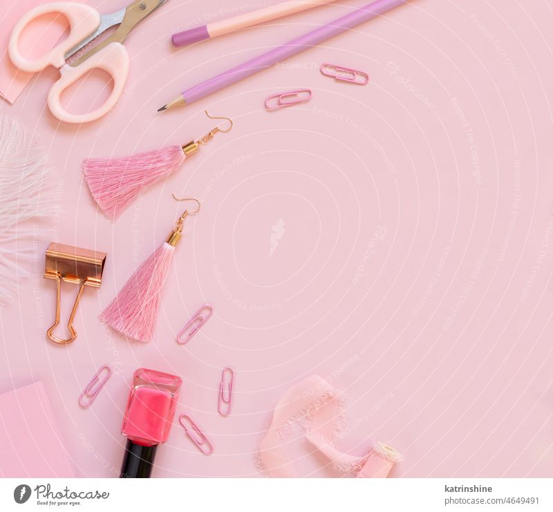 Top View School Supplies In Pink Pastel Tones High-Res Stock Photo