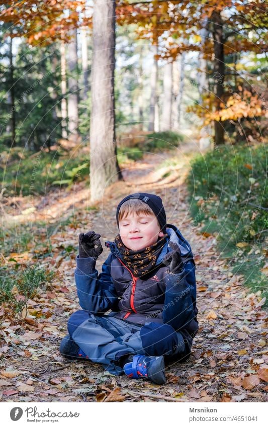 Enjoy the day Boy (child) Forest To go for a walk hike Restful silent Cute Funny Sit relaxing Smiling Autumn Autumnal landscape Automn wood out Infancy