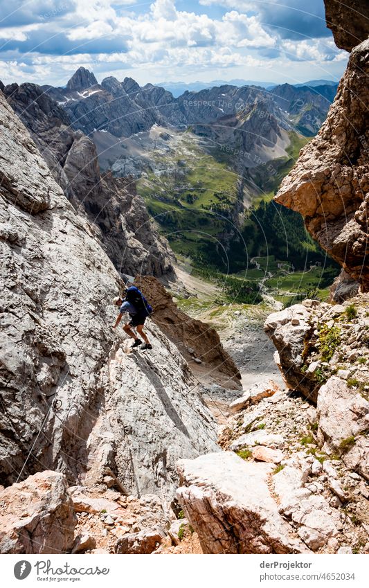 Descent on the Glettersteig in the mountains of South Tyrol Panorama (View) Central perspective Deep depth of field Silhouette Contrast