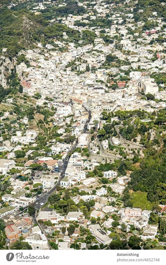 Capri city from above Town center Downtown Street houses plants Green White Italy cars lanes Alley Narrow Small slope Steep Island Above Under Vantage point