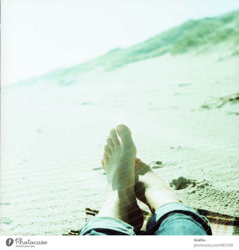 beach day Feet 1 Human being Sand Sunlight Coast Relaxation Lie Blue Green Serene Calm Loneliness Leisure and hobbies Idyll Dream Vacation & Travel Colour photo