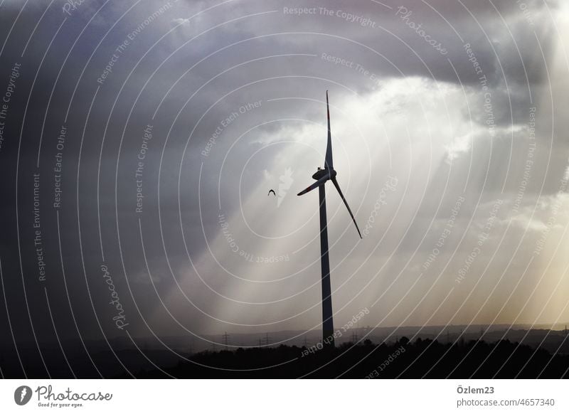 Wind turbine with sun rays Pinwheel Sunlight Sunbeam Exterior shot Back-light Colour photo Light Deserted Nature Sky Twilight Contrast