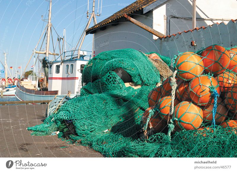 fishing port Fisherman Watercraft Fishing boat Bagenkop Ocean Buoy Rope Tar House (Residential Structure) Roof Green Fishing net Work and employment Navigation