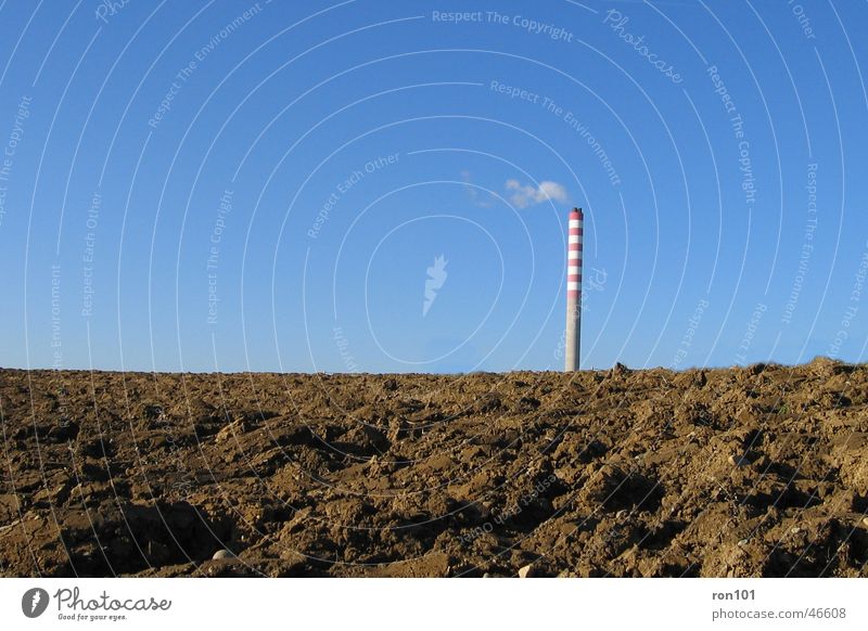 chimney Field Brown Red Smoke Sky Blue Chimney Cloudless sky Industrial Photography Climate change Warning colour Warning stripes Tall Round Wind Plowed Earth 1