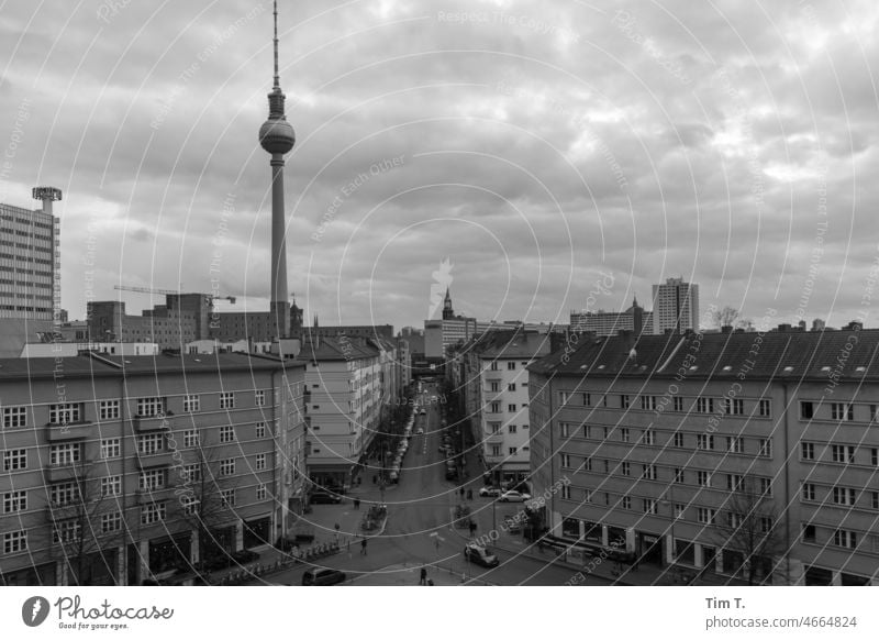 a view from above in center Television tower Winter Berlin Downtown Berlin b/w Town Capital city Exterior shot Deserted Architecture Day Manmade structures