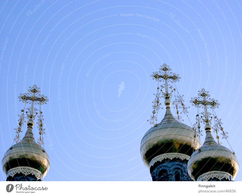 Russian Chapel Mathildenhöhe Onion tower Orthodoxy Holy Christianity Darmstadt 1903 Back Religion and faith golden roofs Tower Sky