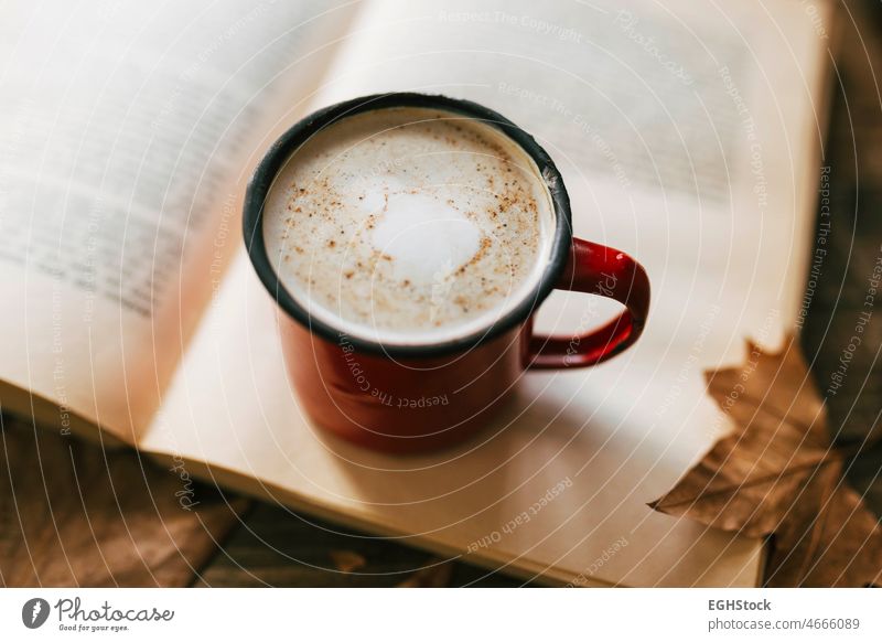 Enamel mug of milk with cinnamon. Reading a book in autumn. Wooden table with autumnal leaves. Morning routine.. Focus on cocoa and cinnamon. hot drink