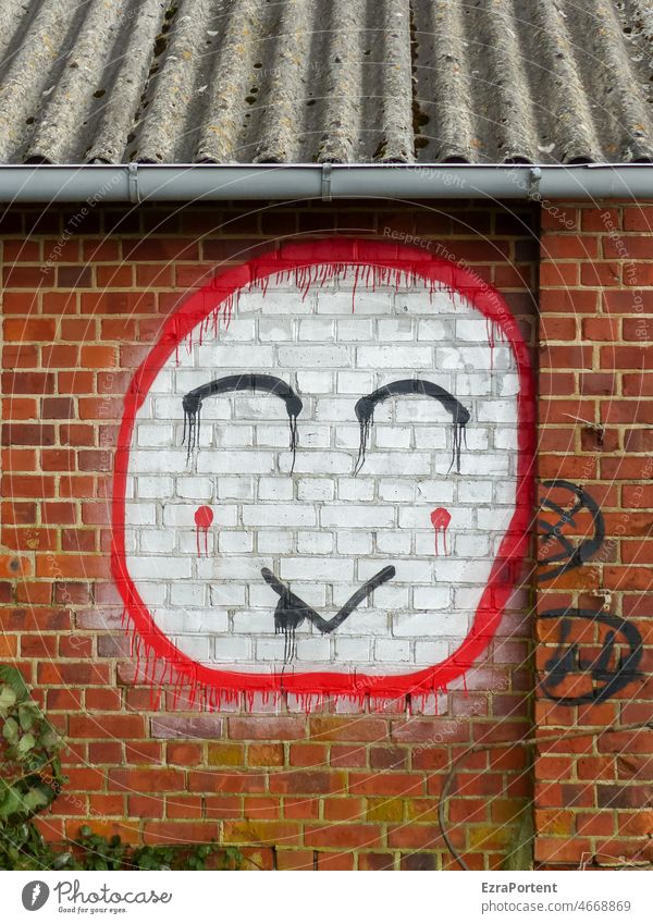 happy brick Graffiti Face fortunate Wall (building) Contentment portrait kind timid Roof Looking Wall (barrier) clinker facade Smiling smilingly ashamed blush