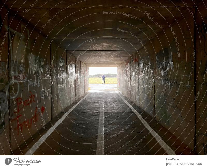 tunnel vision Tunnel vision Central perspective Line Light Light at the end of the tunnel Contrast Bright Dark Human being off Lanes & trails Meadow Concrete