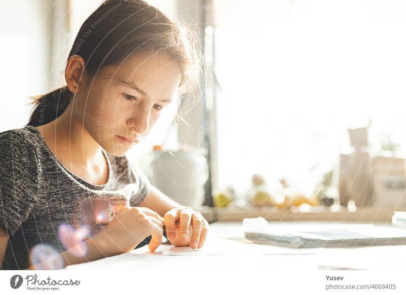 Teenage girl doing homework for school. Portrait of a pretty focused girl. Sunny day environment. Side view. Home schooling. Social distancing. Life style. Soft focus