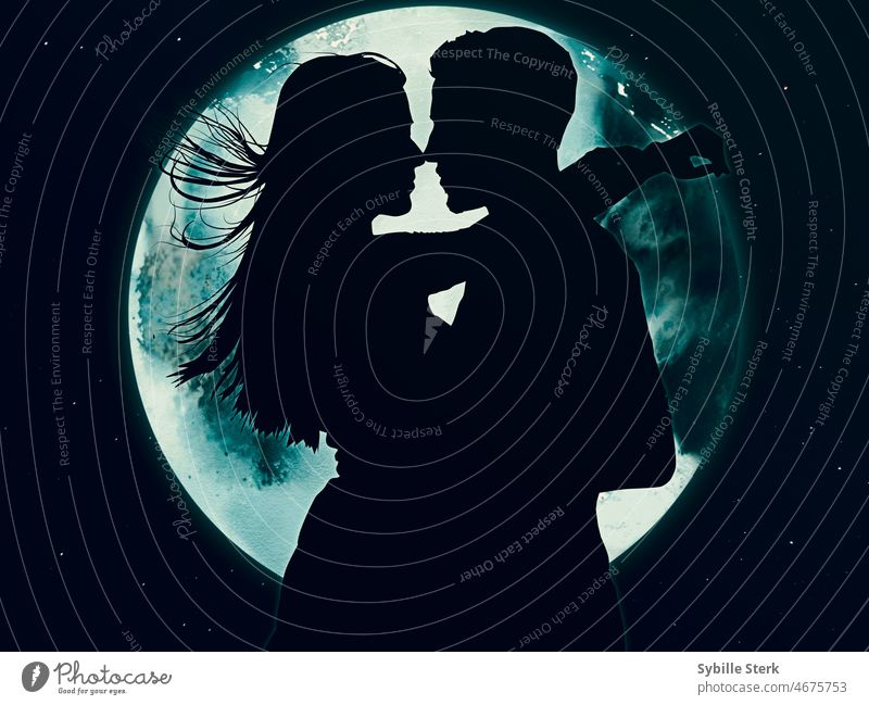 Romantic couple in love embrace in the moonlight Silhouettes of