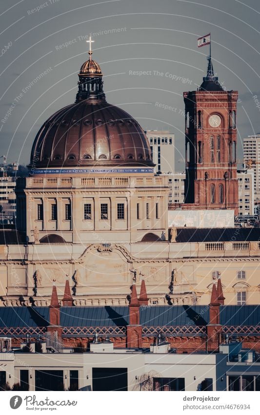 Humboldt Forum and red city hall German Cathedral with city in background Trip Tourism Copy Space middle touristic City life Contrast Copy Space bottom