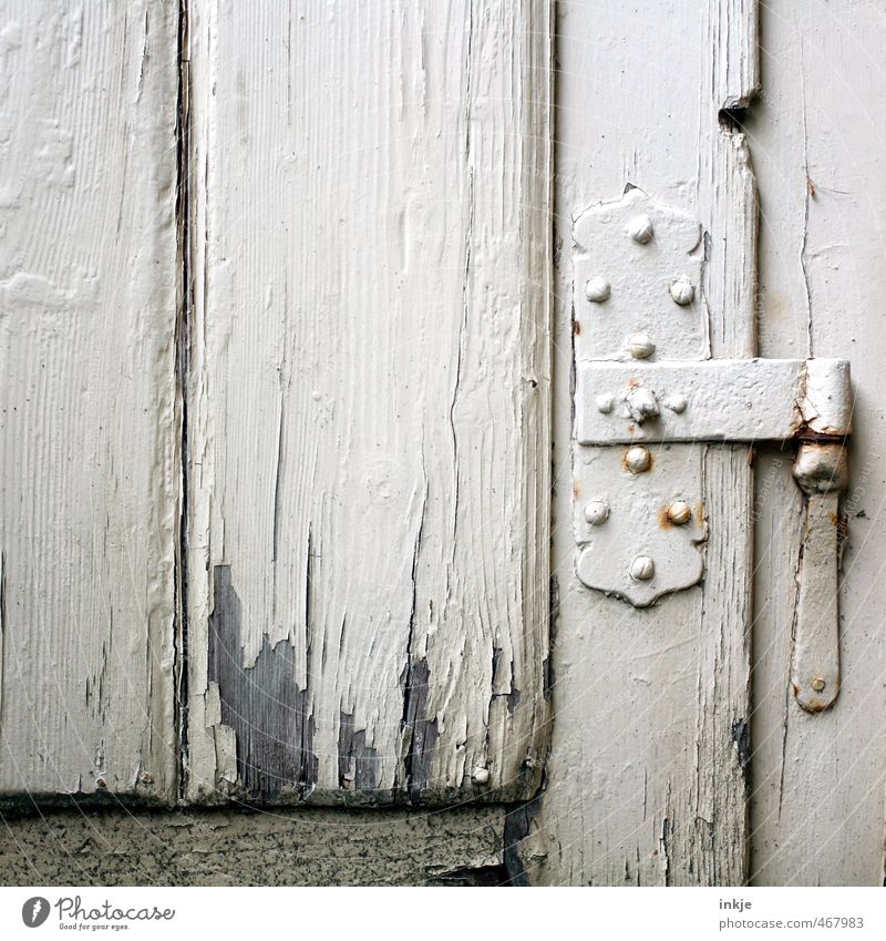 detail 1 Living or residing Deserted Door Hinge Wooden door Old Gray White Decline Change Flake off Derelict Brittle Old times Metal fitting Colour photo