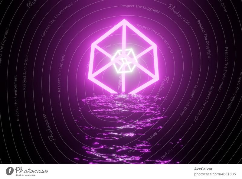 Fluorescent geometric form reflected on water at night .Abstract neon lighting 80s sunset retro neon background. Cyberpunk bloom style abstract concept art image. Copy space, colourful.