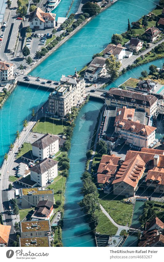 Interlaken from above Switzerland River roofs houses Meadow Hotel