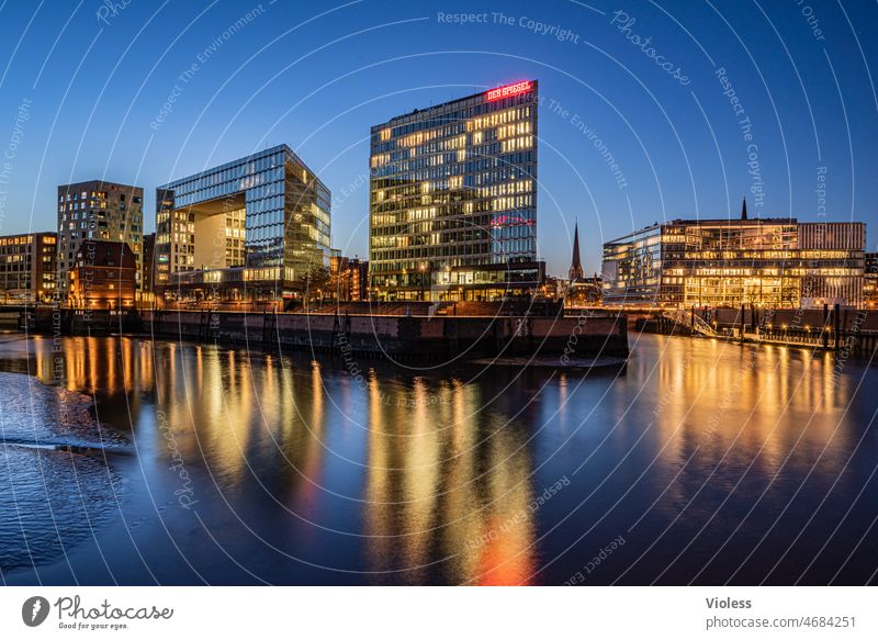 Hafencity at dusk Dark Twilight Wide angle Bridge Night shot Old warehouse district Port of Hamburg Illumination Maritime Red Illuminate Attraction Historic