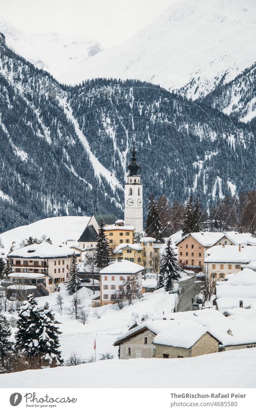 Snowy village in winter Mountain Winter Forest Forests Engadine Switzerland winter landscape Cold Season Snowfall Exterior shot Landscape ftan Village