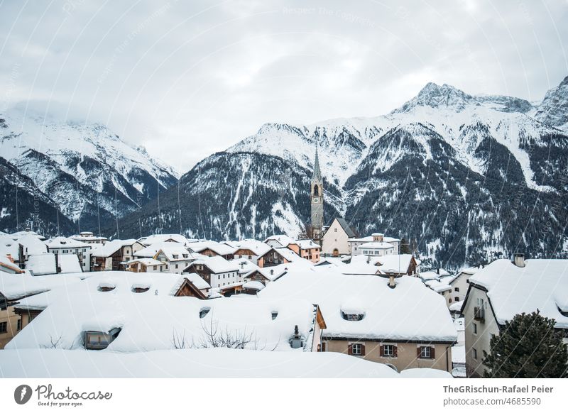 Snowy village in winter (SENT) Mountain Winter Forest Forests Engadine Switzerland winter landscape Cold Season Snowfall Exterior shot Landscape Village