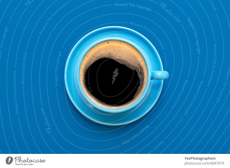 Cup of coffee minimalist on a blue background. above americano arabica aroma beverage black break breakfast brown cafe caffeine cappuccino close-up color