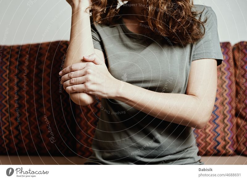 Woman using elastic bandage with legs having knee or leg pain,Female  feeling exhausted and painful Stock Photo