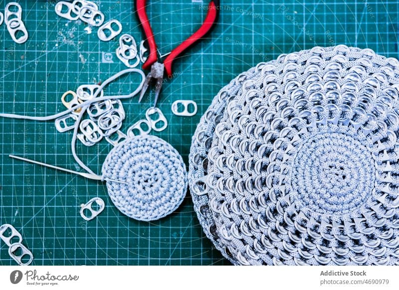 Crochet napkin made of ring pulls handicraft crochet manufacture handmade workshop nipper produce aluminium material light equipment instrument style studio