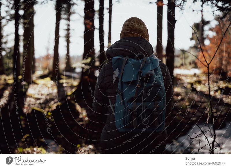 A woman with backpack stands in a forest. Rear view. Woman Backpack Forest Nature Human being Trip Vacation & Travel 50 plus Leisure and hobbies Hiking