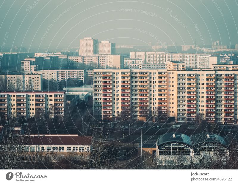 Panorama over redeveloped large housing estate Prefab construction High-rise Facade GDR architecture Marzahn Berlin dreariness Tower block Bird's-eye view