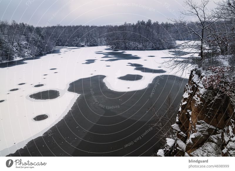 still and rigid rests the lake Winter Cold Ice Snow Frost Water Bleak trees branches Germany