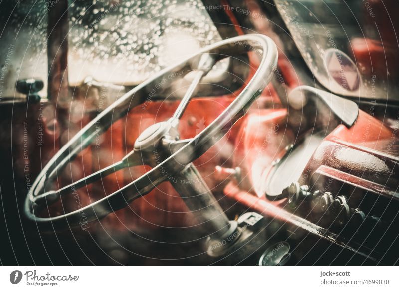 Steering wheel as good as original condition car Vintage car Old Nostalgia Retro Detail Means of transport rainwater Drop Glass dashboard blurriness Car Vehicle