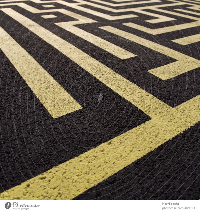 Zebra crossings for creative people Street Sharp-edged Yellow Black Ground markings Stripe Asphalt Chaos Maze Labyrinth Playing Colour photo Exterior shot