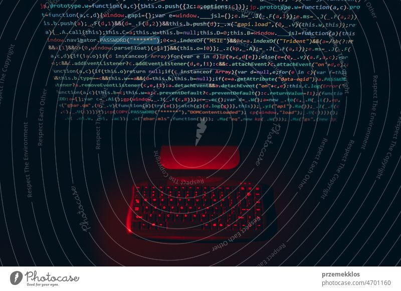 Cyber security. Program code on screen. Using computer and programming to break code. Cyber security threat. Internet and network security. Stealing private information