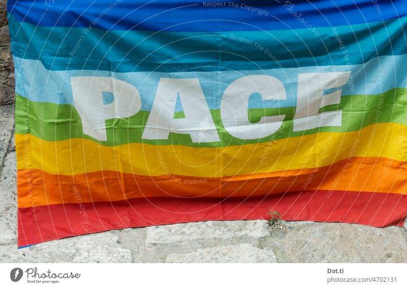 Peace Peace Pace Peace Symbols Flag Prismatic colors Rainbow flag Characters Italian Letters (alphabet) Lettering Deserted Colour photo Exterior shot