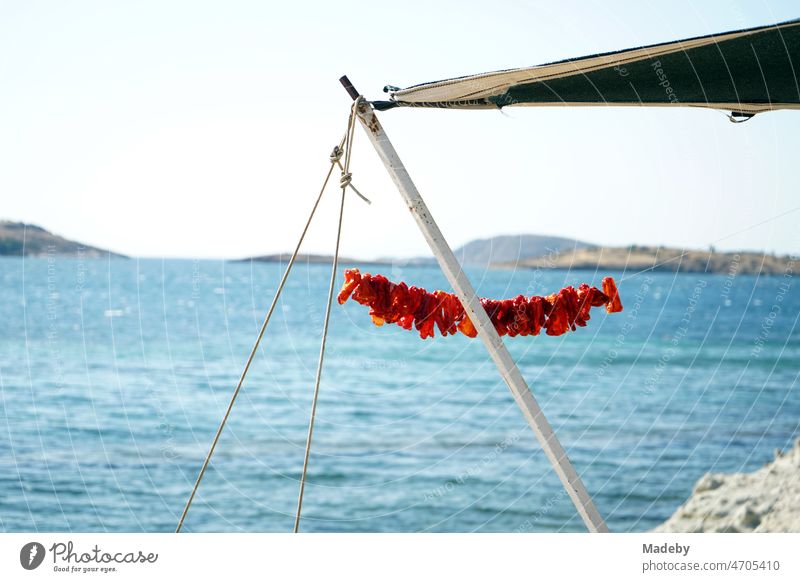 decorative red garland on a shade awning in summer sunshine on the beach in  the bay of Foca on the Aegean Sea in Izmir province, Turkey - a Royalty  Free Stock Photo