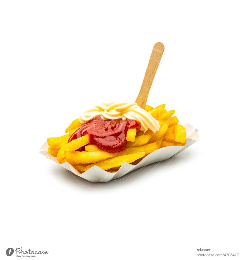 French fries with ketchup and mayonnaise frit portion potato Pommes Dutch snack German potato rod fries stande fritüre thick eat chips french bude fast food