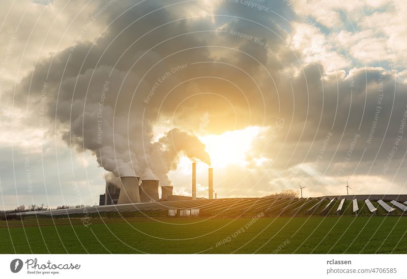 power plant with solar energie and wind power Coal-fired power plant industrial energy mix pollution nuclear power solar energy smoke electricity solar power