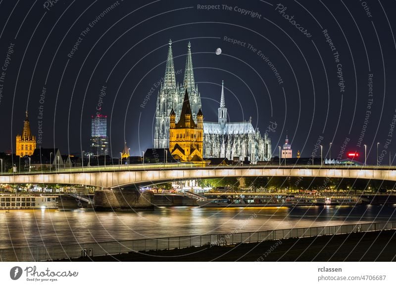 Cologne Cathedral with moonlight city Old Town Rhine Hohenzollern Germany river church bridge evening gothik tourism night landmark lights