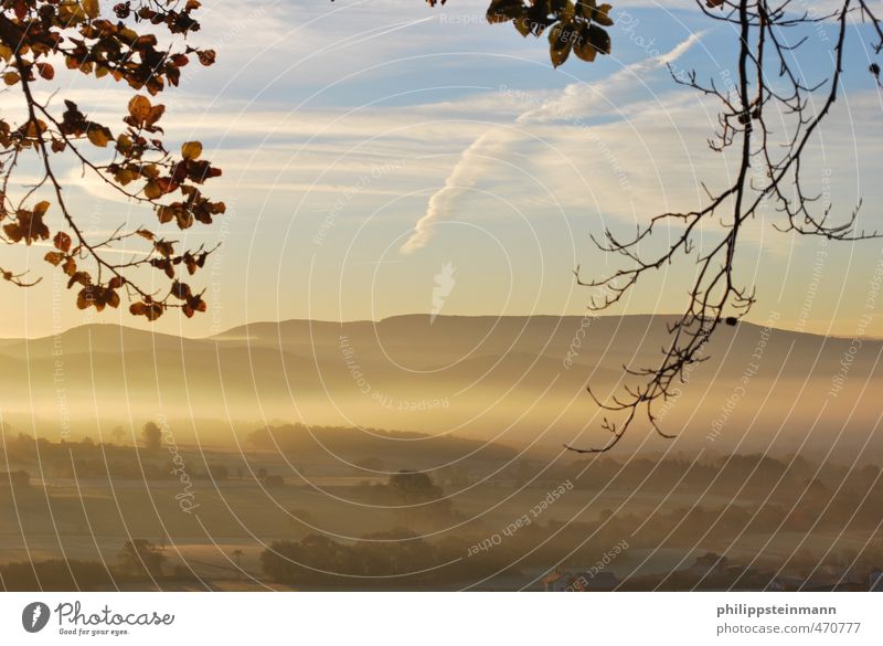 Autumn sunrise Calm Vacation & Travel Far-off places Sun Mountain Hiking Nature Landscape Sky Clouds Sunrise Sunset Beautiful weather Fog Tree Field Rhön