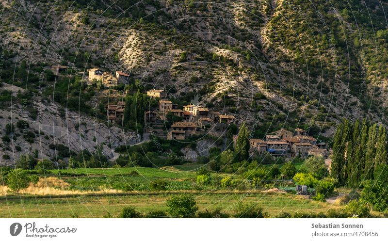 Old rural mountain village in the Pyrenees in front of a mountain at the golden hour, Cabo, Spain Landscape Nature Mountain Village Catalonia