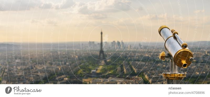 Telescope on top with view to the Eiffel Tower and skyline in Paris paris panorama eiffel tower telescope landmark sunset france cityscape aerial sunrise europe