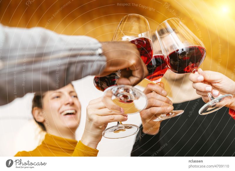 Friends hands toasting red wine glass and having fun cheering with winetasting - Young people enjoying time together at home - Youth and friendship concept