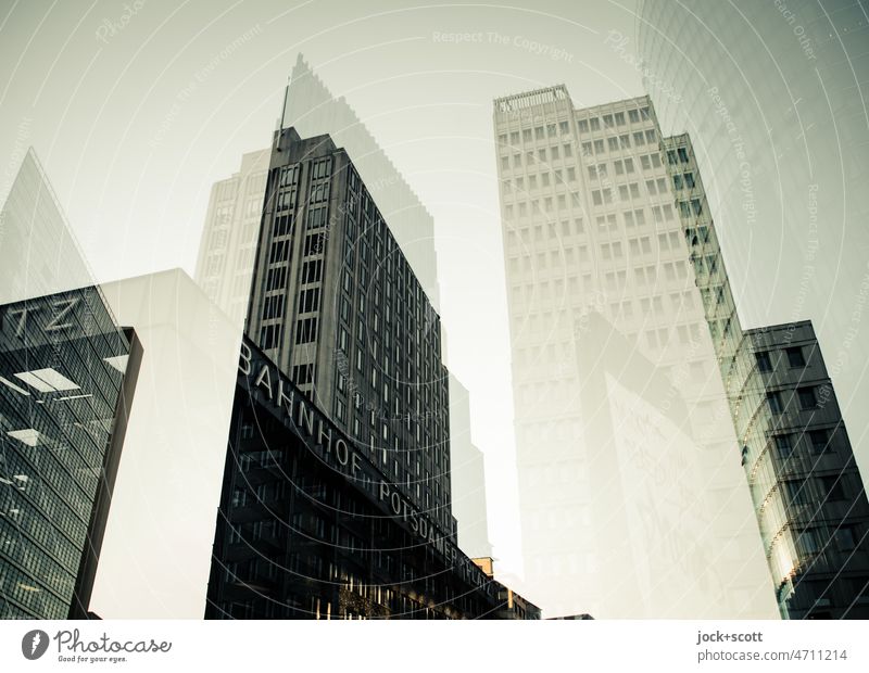 Duo at Potsdamer Platz station Berlin Downtown High-rise Train station Office building Facade Modern Surrealism Double exposure Reaction Abstract Experimental