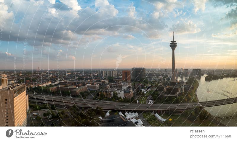 Dusseldorf cityscape panorama at sunset dusseldorf germany tower river europe blue rhine summer architecture medienhafen harbor media harbor country capital nrw