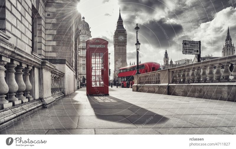 Red telephone booth and Big Ben in London, England, the UK. The symbols of London in black on white colors. london red box uk british city england urban