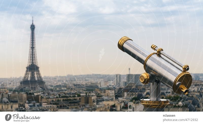 Eiffel tower view with Telescope, Paris. France paris panorama eiffel telescope landmark sunset france skyline cityscape aerial sunrise europe clouds old town