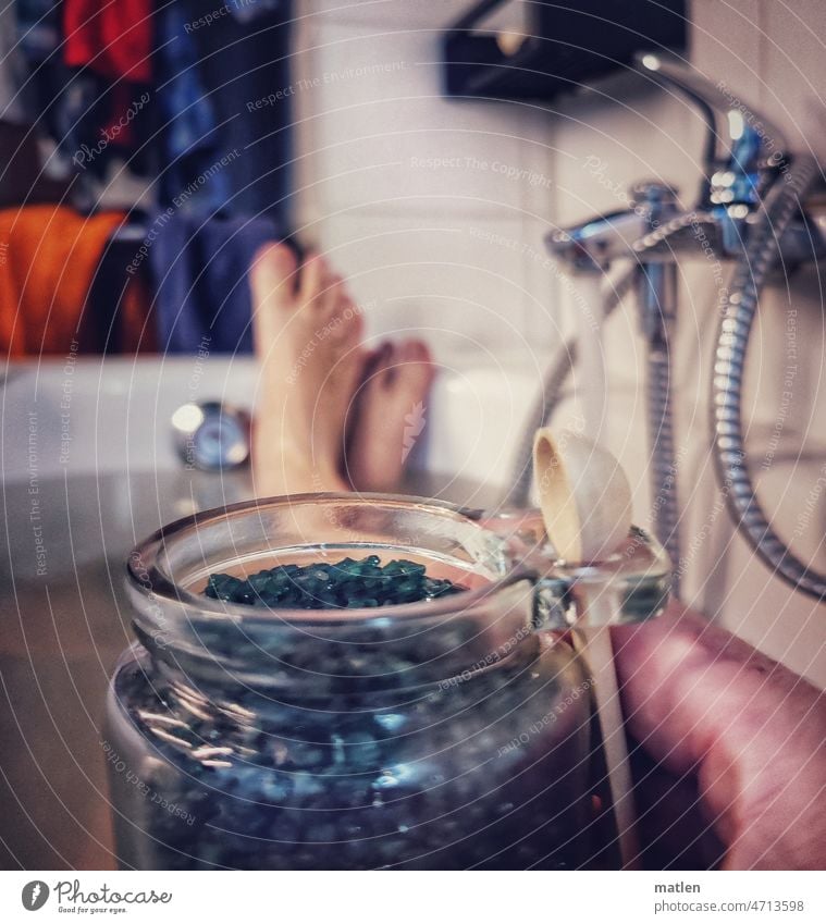 Saturday is bath day Bathroom bathing day bath salts feet tub Relaxation Colour photo Wellness Interior shot Personal hygiene Tile Cotheshorse