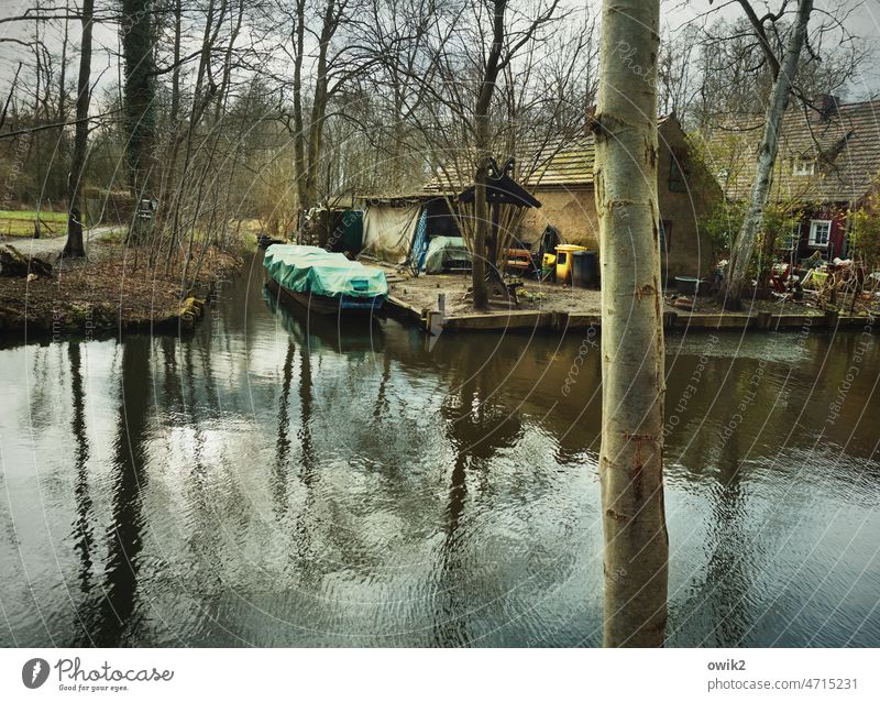 Packed loam Spreewald Brandenburg Bank reinforcement Water reflection Mysterious Reflection Lanes & trails Grass Shore line power cable River bank