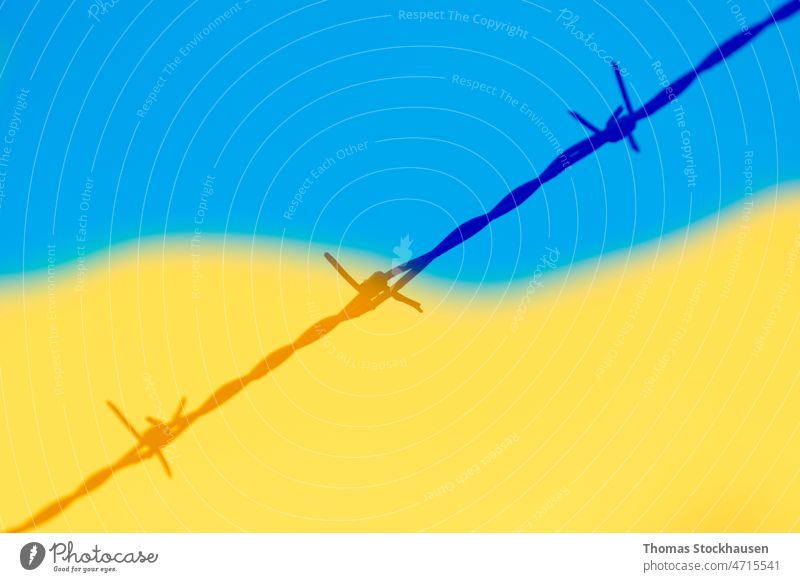 Barbed wire and colors of Ukrainian flag symbolizing refugees from Russian invasion of Ukraine background barbed Blue Border Boundary concept Copy Space peril