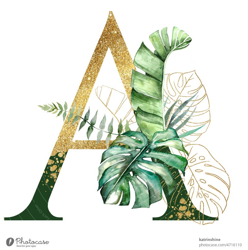 Golden letter A decorated with green and golden Watercolor tropical ...