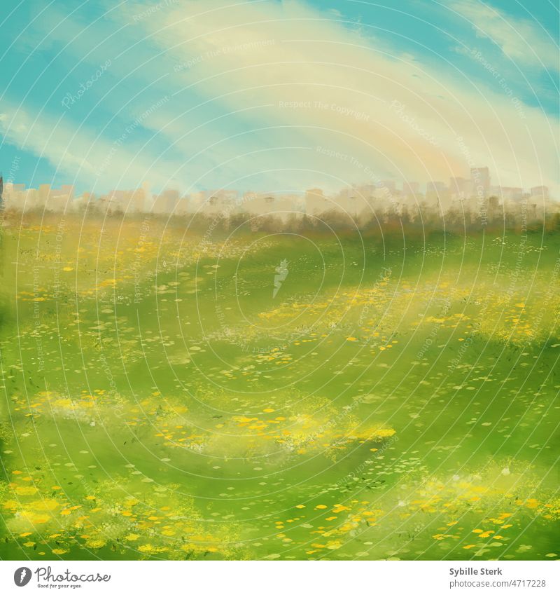 spring meadow rebirth growth flowers city blue sky future happiness Nature Plant Blossoming Flower meadow Environment Wild plant Optimism